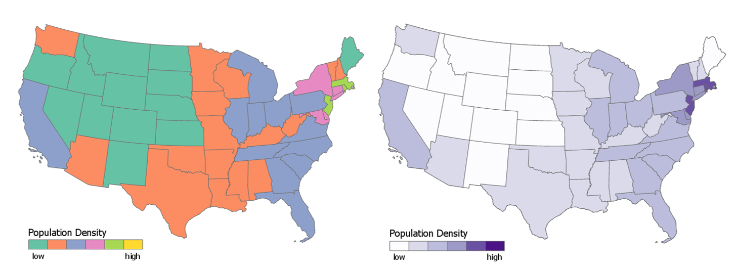 Two Choropleth Maps, with multi-hued categorical, and single-hue sequential color schemes.